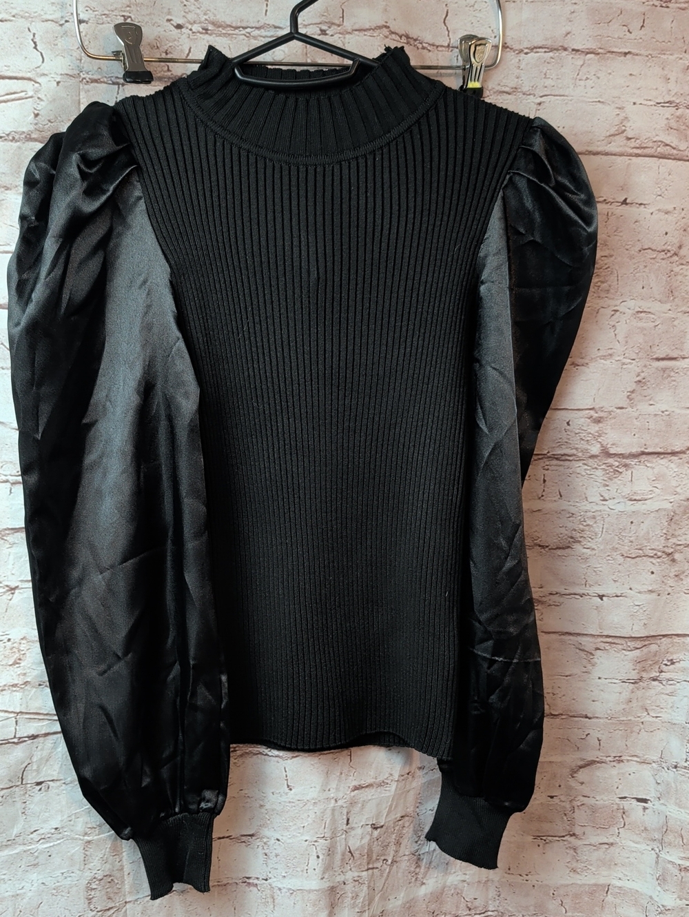 Lea & Viola Black Ribbed Sweater with Satin Puff Sleeves Small Nwt New